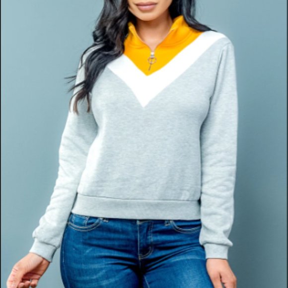 Tops - Colorblock Front Zipp Neckline Pullover Sweatshirt